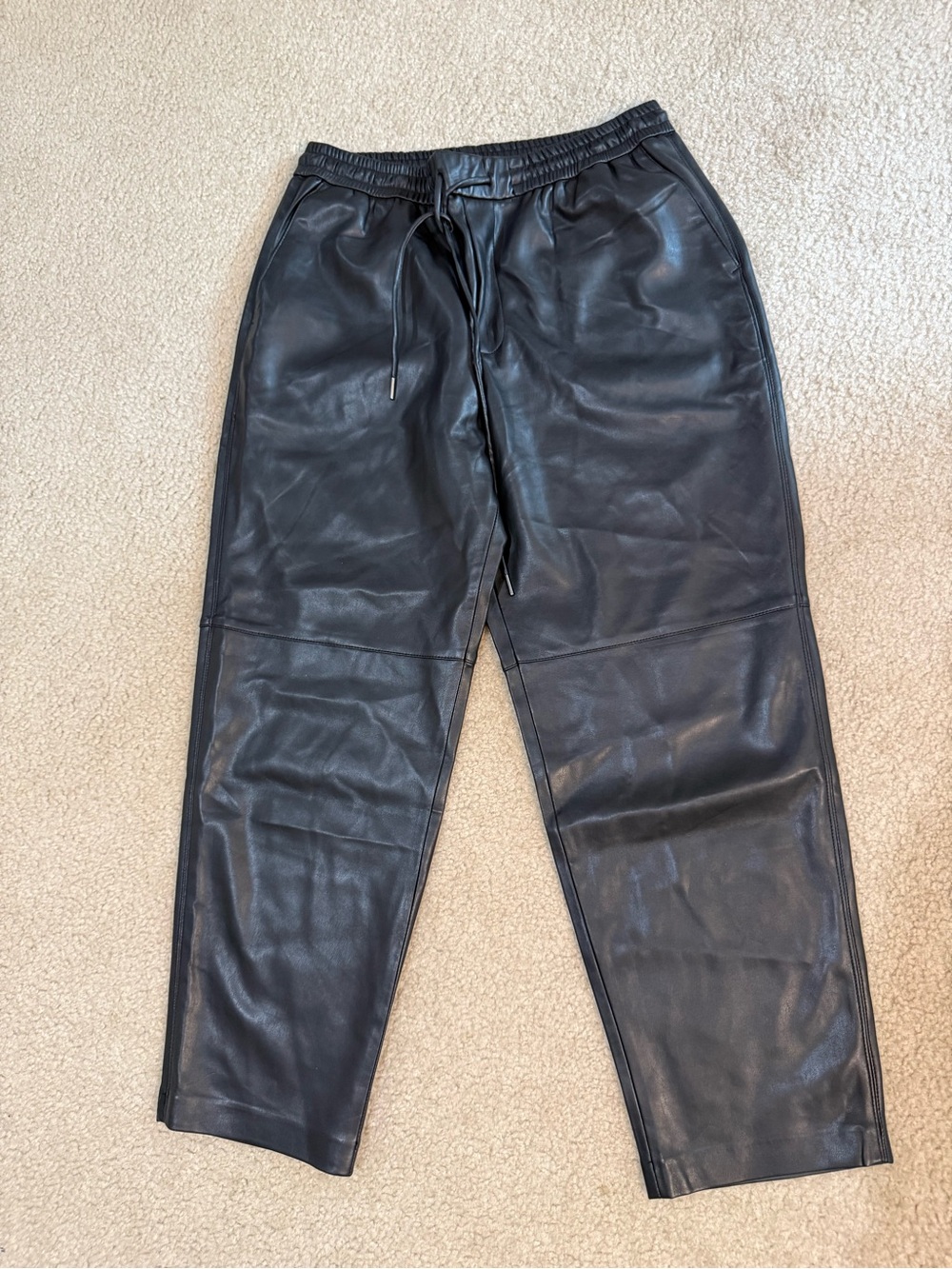 Black Faux Leather Pants with Drawstring